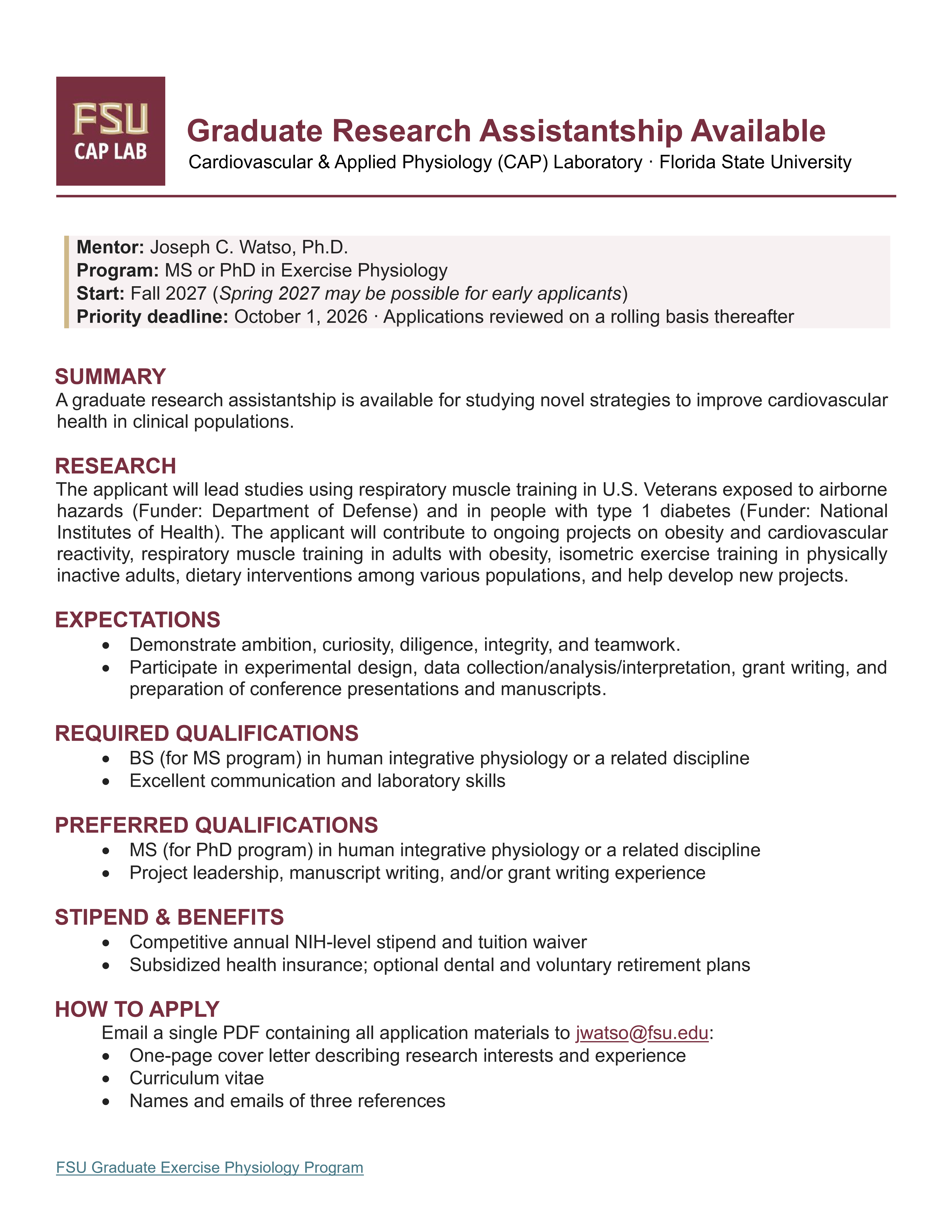 CAP Lab Graduate Research Assistantship posting